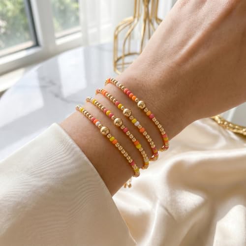 Boho 4Pcs Stack Colorful Small Seed Beaded Bracelets Set for Women, Cute Handmade Dainty Trendy Gold Plated Stretch Accessories Thin Glass Jewelry, Summer Daily Party Friendship Gift - color: Yellow
