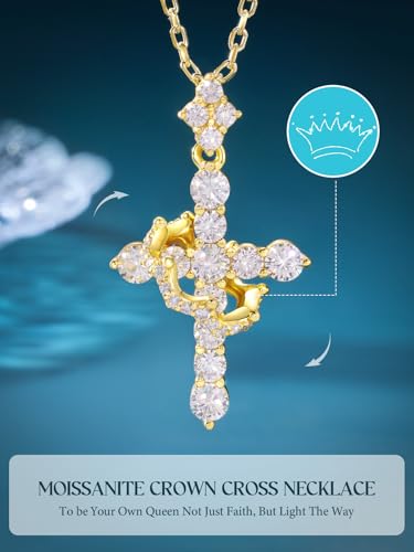YIMERAIRE Upgraded Moissanite Crown Cross Necklace 14K Gold Vermeil 1.1 Carats Dainty Iced Out Easter Basket Stuffer Cross Jewelry S925 Sterling Silver Simple Gold Christian Faith Moissanite Cross Pendant Necklace For Women - color: 14k Gold Vermeil