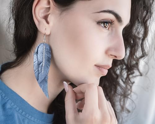 Black shiny Leather Feather Earrings for Women, Lightweight Minimal Boho Dangle Earrings, Small Simple Everyday Jewelry - color: Blue shiny