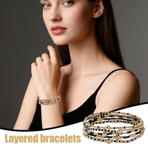 Dainty Gold Beaded Stack Bracelets for Women, Boho Bohemian Black Stackable Stretch Bead, Handmade Colorful Seed Beads Layering Jewelry