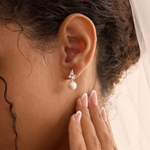 Pearl Earrings for Women, Dainty Wedding Bridal Earrings 14k Gold Plated CZ Pearl Drop Earrings for Women Trendy Hypoallergenic Unique Gold Drop Earrings Fashion Prom Jewelry - color: Gold-C