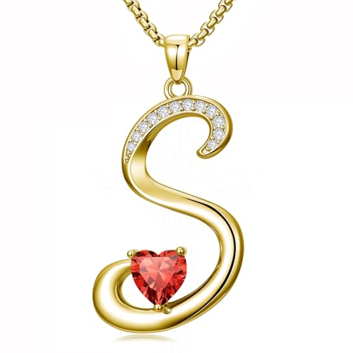 Birthday Gifts for Women 18k Gold Initial Necklaces for Women Simple Alphabets Letters with Birthstone Pendants Name Jewelry Anniversary Wedding Gifts for Sister Daughter Her (with Gift Box) - color: 07-Jul-Ruby, style: Letter S