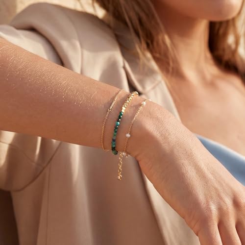 Fettero Beaded Bracelets for Women Charm Natural Stone Handmade Beads White Gold Plated Dainty Gold Bracelets Non Tarnish Boho Summer Beach Vacation Jewelry - color: Mix-color