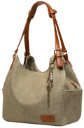 Worldlyda Women Canvas Hobo Purse Multi Pocket Tote Shopper Shoulder Bag Casual Top Handle handbag with Embroidery Ethnic - color: Be06army Green