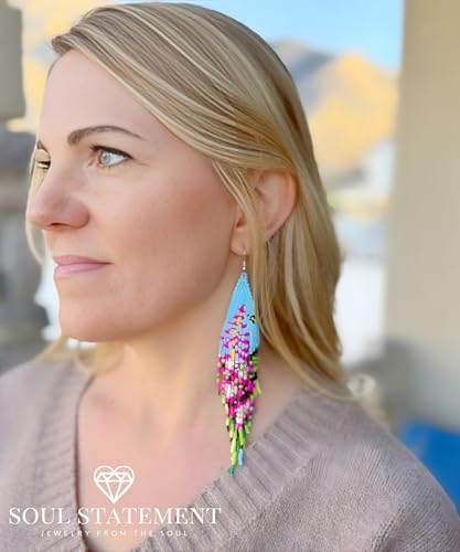 Long Beaded Earrings for Women, Statement Tassel Dangling Earrings, Native American Jewelry Boho Country Colorful Flower Moon Bead Gifts - style: Aqua Flora Fringe