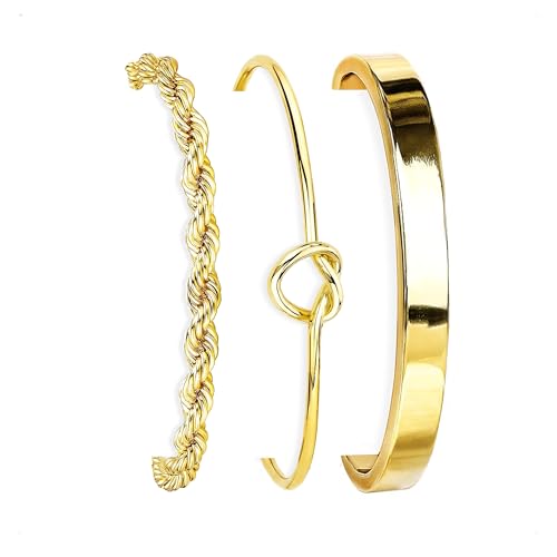 HERIER Gold Bracelets for Women 18k Gold Plated Bracelet Stack Bangle Cuff Bracelet Set for Women Non Tarnish Beaded/Paperclip/Cuban Link Chain Bracelets Jewelry for Women Trendy - style: Bangle Rope3-Gold