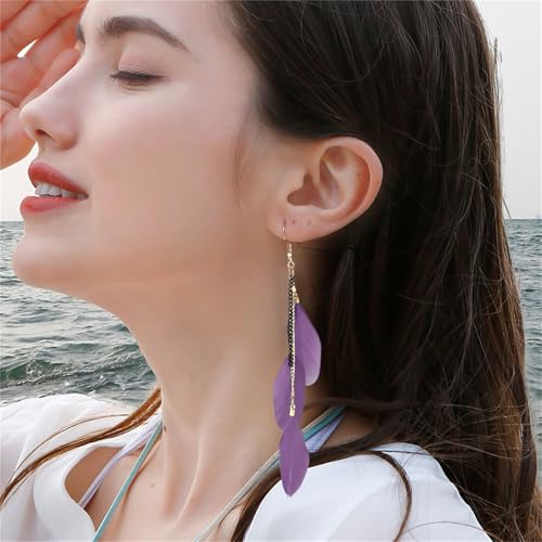 coadipress Boho Piercing Tassel Feather Long Chain Earrings Retro Lightweight Native Feather Dangle Drop Earrings for Women Bohemian Handmade Natural Feathers Earring Jewelry - color: Purple