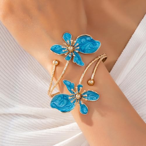 Flower Arm Cuff Bracelets for Women Adjustable Gold Upper ArmBand Jewelry Boho Floral Open Wrap Statement Bangle Bracelet Arm Cuff Jewelry Gifts for Women - color: Bule