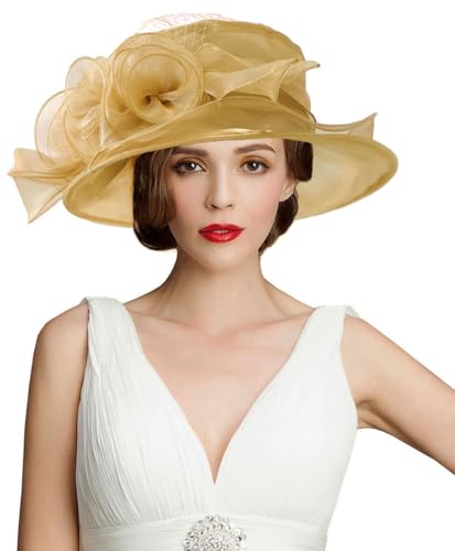 Women's Kentucky Derby Church Dress Hat Wide Brim Leaf Flower Bridal Shower Hat - color: A1 Gold