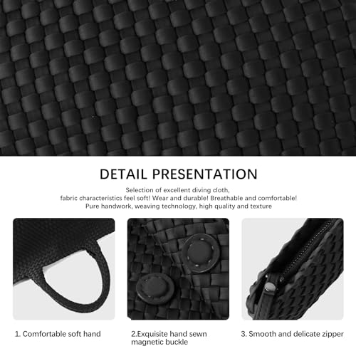 Woven Bag for Women, Large Neoprene Tote Bag Summer Beach Handbag Purse Retro Handmade Travel Shoulder Bag Set - color: Black