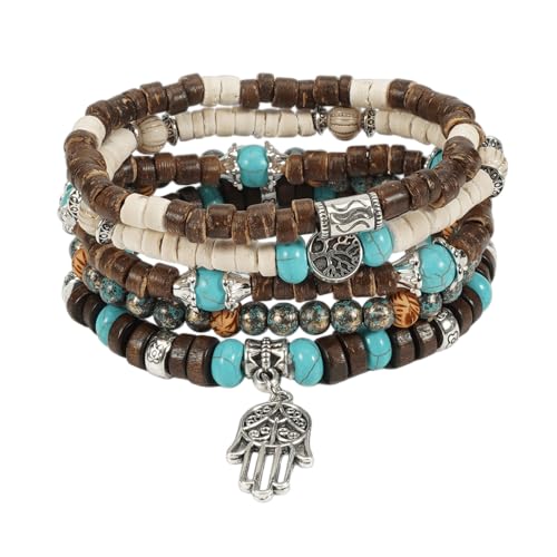 COLORFUL BLING Boho Turquoise Wooden Beaded Stretch Bracelets Stackable Turtle Butterfly Elephant Shell Heart Charms Bracelet for Women Men Western Jewelry Gifts - style: Set 6