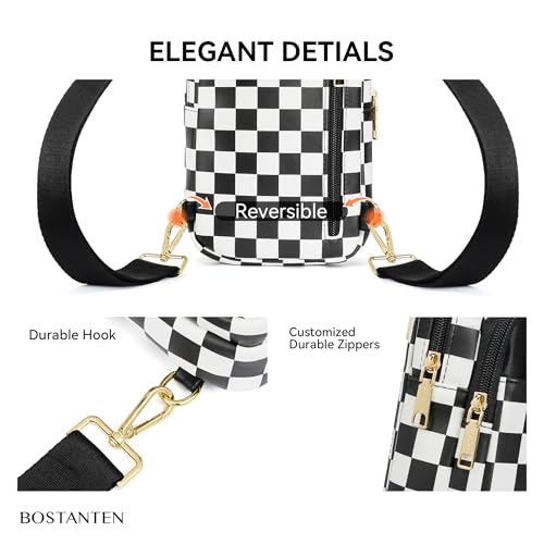 BOSTANTEN Sling Bag Quilted Crossbody Bags for Women Cross Body Purse Leather Fanny Pack with Adjustable Guitar Strap - color: A-checkered Black