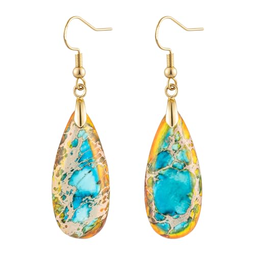 Stone Drop Earrings for Women Earrings Teardrop Jasper Stone Dangle Earrings - color: Blue&Orange-Golden Hook