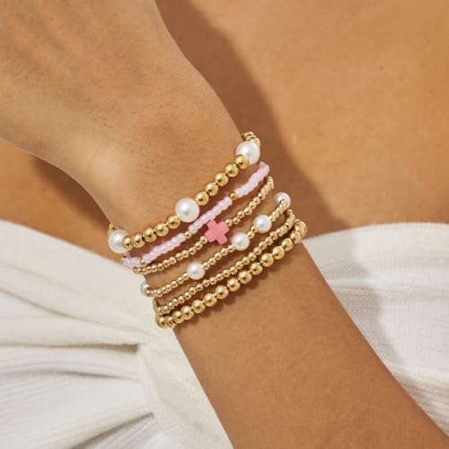 VIBILIA Gold Beaded Bracelets Set for Women 14K Gold Plated Dainty Pearl Cross Bracelet Stack Stretch Bracelet Set Fashion Accessories Gifts - color: 6P-#04-6462-Pink