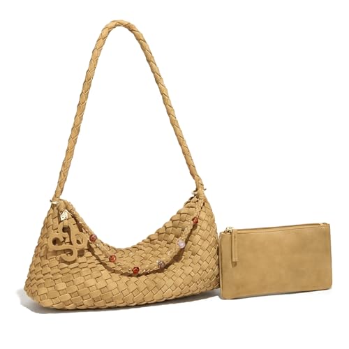 Premium Woven Shoulder crossboby Bag for Women, Slouchy Hobo Handbag with Braided Strap and Matching Zipper Pouch - color: Brown