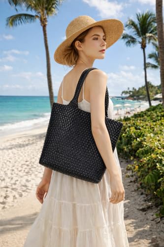 BAGOK Woven Tote Bag for Women, Handwoven Vegan Leather Shoulder Bag with Clutch, Large Tote for Work, Travel & Beach - color: Black