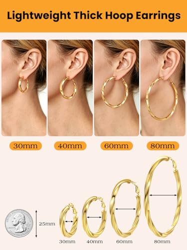 Bestyle 5mm Thick Gold Hoop Earrings Hypoallergenic Hoops for Sensitive Ears Trendy Lightweight Chunky Earrings for Women 30/40/60/80mm - color: 02-Gold, size: 30mm