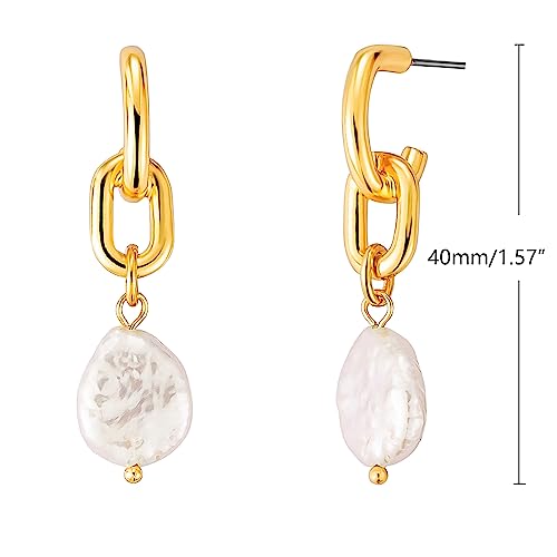 Stud Earrings for Women 14k Gold Plated Geometric Dangle Earrings Lightweight Minimalist Handmade Hammered Texture Oval Disc Drop Double-layer Big Hoop Dangle Earrings for Women - color: Pearl Drop-B