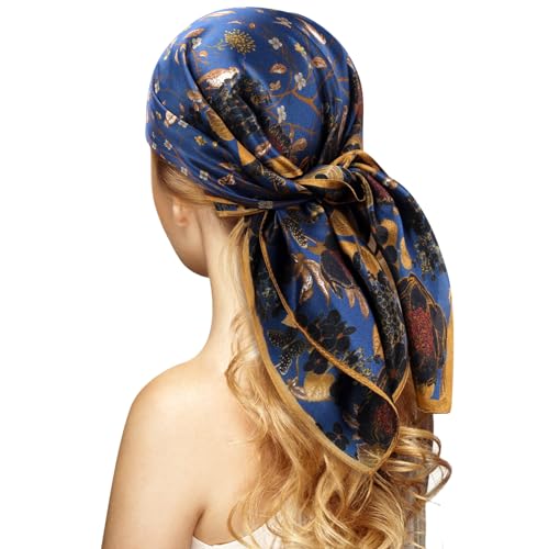 Stlvoll 100% Silk Head Scarf for Women - 27" Hair Scarves Satin Bandanas Square for Night Sleeping with Gift Packed - color: Navy Blue/Red/Bird