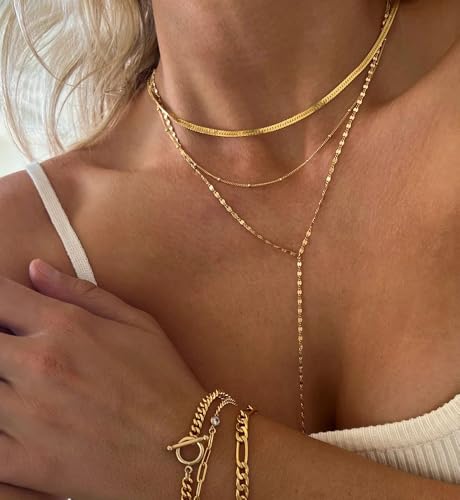 iF YOU Lariat Gold Long Necklaces for Women Trendy, Dainty 14K Gold Plated Drop Chain Necklace, Layered Rosary Beaded Y Necklaces Summer Beach Jewelry Gifts - color: Three-layer Y necklace-GLD