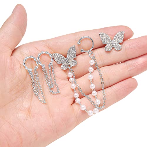 Tornito 6-12Pcs Cuff Earring Chain Leaf Snowflake Star Butterfly with CZ Crawler Climber Earring Studs Drop Dangling Chain Wrap Tassel Earring for Women Men 20G Silver Gold Tone - color: D: Silver Tone
