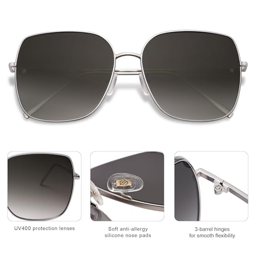 SOJOS Trendy Oversized Square Metal Frame Sunglasses for Women Men Retro Big Flat Lens UV Protection Sunglasses SJ1146 - color: Silver/Gradient Grey