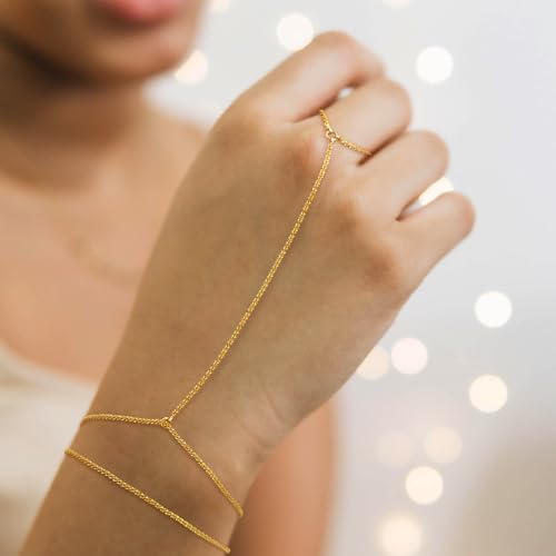 Hand Chain Bracelet for Women Trendy, Dainty Silver Beaded Finger Ring Bracelet Non Tarnish Minimalist Adjustable Simple Cute Silver Bracelets Waterproof Fashion Jewelry - color: Gold-07