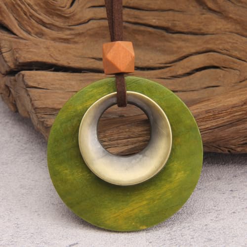 GelConnie Leather Cord Necklace Chain Multilayer Wooden Pendant Necklaces Vintage Jewelry Boho Long Sweater Necklace for Women Men - color: Circle Gold Wood Necklace