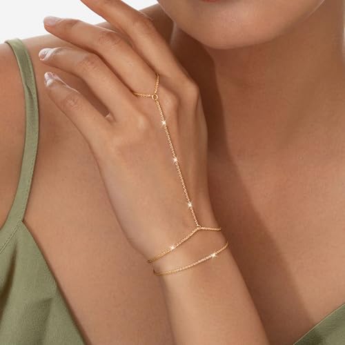 Moodear Gold Hand Chain Bracelet for Women - 14K Gold Plated/Sterling Silver Layered Adjustable Satellite Bead Paperclip Dot CZ Link Hand Chain Ring Bracelets Non Tarnish Trendy Jewelry Gift - style: Sparking hand chain