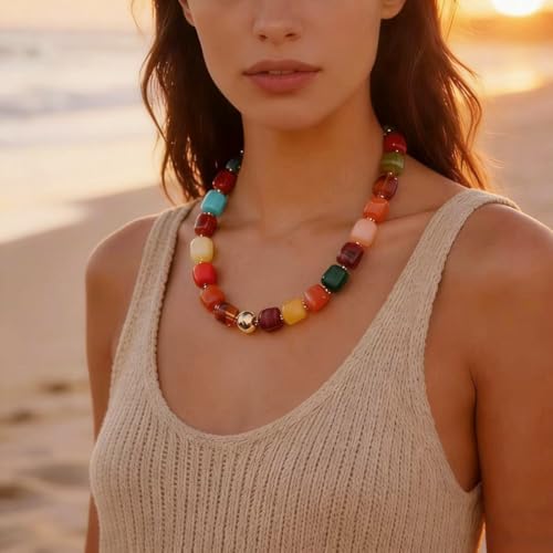 Chunky Beaded Statement Necklace for Women Trendy Colorful Boho Resin Bead Choker Necklaces Summer Handmade Jewelry Gifts Accessories - color: Colorful - 2