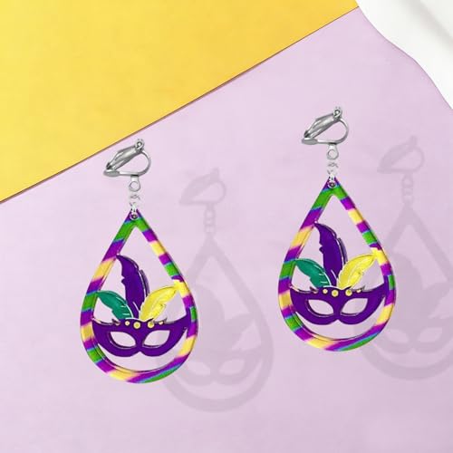 Mardi Gras Clip on Earrings for Women Boho Acrylic Parade Lette Mardi Gras Carnival Clip on Earrings Holiday Festival Jewelry Gifts Accessory - color: style2
