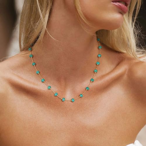 Created Turquoise Necklace for Women 14K Gold Plated Beaded Heart Choker Boho Necklaces Handmade Beach Summer Everyday Western Jewelry Gifts - color: Gold Chain, style: Bead