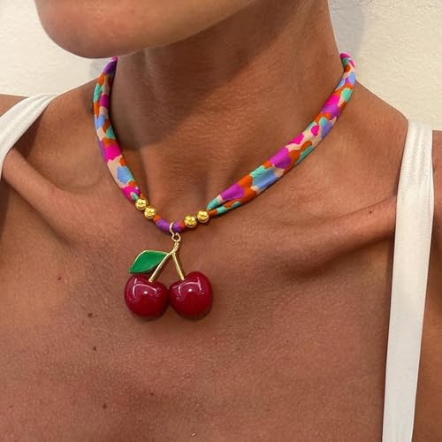 Scarf Necklace with Charm Gold Starfish Chunky Cross Heart Flower Pendants Bandana Charm Necklace Western Scarf for Women Boho Cowgirl Country Cowboy Accessories Beach Vacation Vacation Outfits Jewelry - color: C7-Scarf Necklace With Cherry Charm