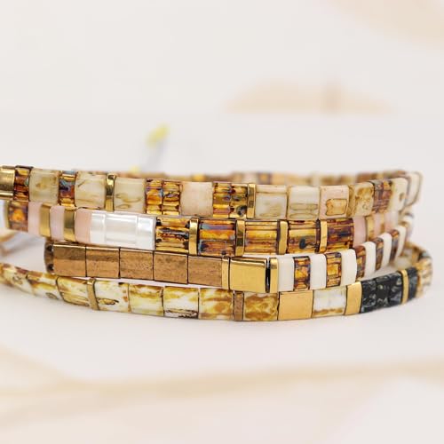 Sonateomber Tila Flat Beaded Stretch Bracelets for Women, Trendy Unique Colorful Square Beads Handmade Stack Bracelet Friendship Accessories Fashion Jewelry Gift - color: Brown Yellow