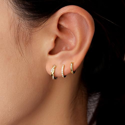 Poxtex Small Sterling Silver Huggie Hoop Earrings Set for Women, Hypoallergenic 14K Gold Plated Hoops Stacks for Multiple Piercings, Dainty Cute Mini Lightweight Cartilage Studs Trendy Jewelry Gift - color: Gold-twisted hoop