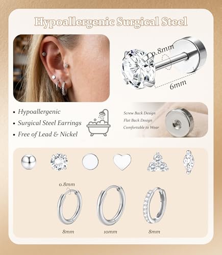 Incaton Hypoallergenic Flat Back Earrings for Women Silver 14K Gold Plated Surgical Stainless Steel Stud Earrings Cubic Zirconia Cartilage Studs Earrings For Multiple Piercing Sensitive Ears - color: 2-SILVER