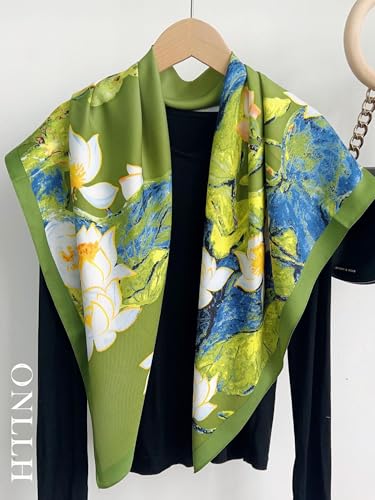 100% Mulberry Silk Scarf for Women Hair Lightweight Square Neckerchief Wrap For Head Scarves 21" - color: 14-green Oil Flowers /21"*21"