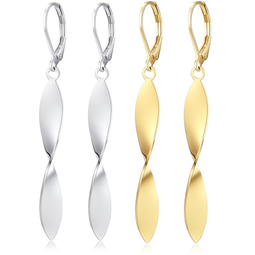 Twisted Leaf Spiral Leverback Hypoallergenic Earrings For Women -18K Gold Plated And Silver Dangle Drop Earrings, Trendy Jewelry Gift - color: SILVER&GOLD
