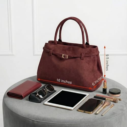 Base’ic Women’s Suede Tote Bag with Gold Hardware – Trendy Slouchy Shoulder Hobo Satchel Handbag Work Purse Travel Gift - color: Burgundy (Gold Hardware)