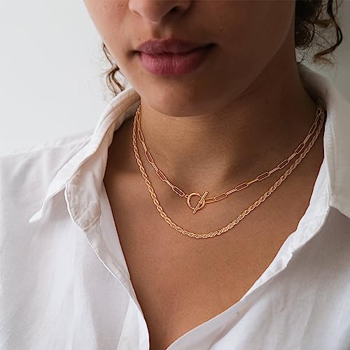 CHESKY Layered Necklaces for Women, 14K Gold Plated Chain Necklace Women Trendy Cuban Link Paperclip Chain Toggle Clasp Necklace Fashion Chunky Jewelry for Women - style: Paperclip Rope-GD