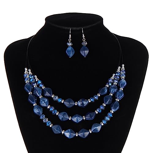 3 Layered Chunky Statement Necklace for Women Beaded Strand Necklaces with Earring Fashion Costumes Collar Necklace Jewelry Sets Gifts for Women - color: Blue
