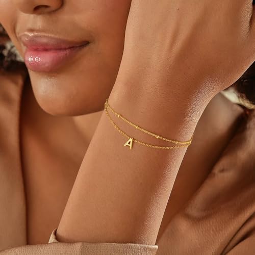 Turandoss Initial Bracelets for Mom Women, Dainty 18K Real Gold Plated Layered Letter A-Z Initial Bracelets Personalized 26 Alphabet Monogram Gold Bracelets for Women Birthday Jewelry Gifts Trendy - color: K