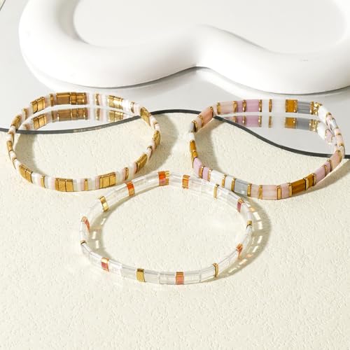 Tila Flat Square Stack Beaded Bracelets Set for Women Men, Boho 3Pcs Romantic Handmade Healing Gold Colorful Stretch Accessories Jewelry, Daily Vacation Party Holiday Friendship Gift - color: Light Pink