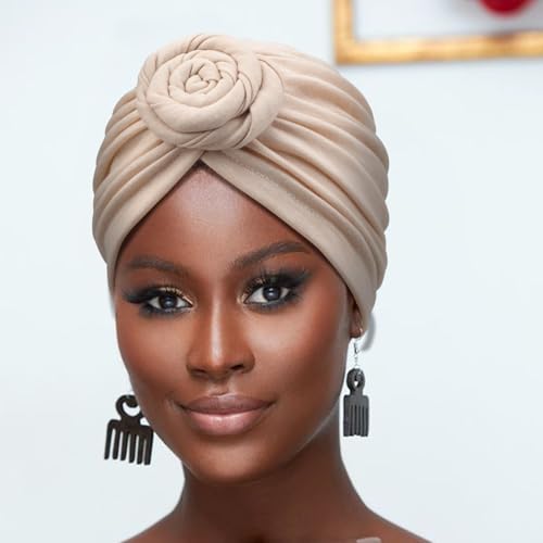 DRESHOW 5 Pack Knotted Headwraps for Women African Turban Pre-Knotted Beanie Headwraps Hair Covers - color: 5 Pack Donuts: Ivory, Taupe, Black, Gray, Fuchsia