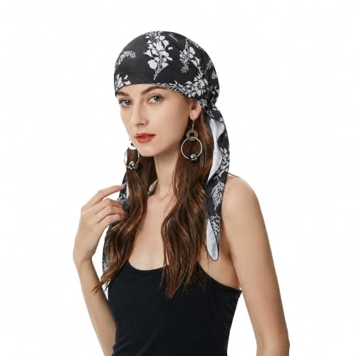 ZLYC Chemo Headwear Pre Tied Head Scarf Headwraps Lightweight Turban Beanie Cap for Women - color: Leaves Black