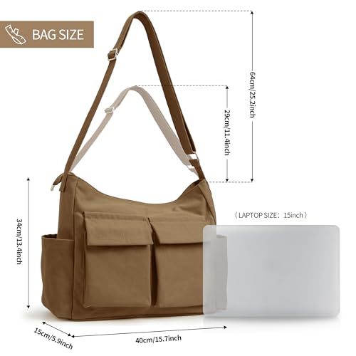 KALIDI Canvas Tote Bag Large Hobo Crossbody Shoulder Handbag Zipper Messenger Bag for Women or Men Casual College Work - color: Upgraded Brown