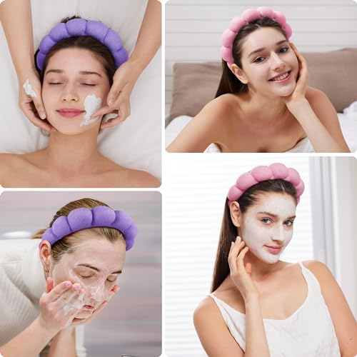 Spa Facial Headbands Combo Pack - 2 Terry Cloth Makeup Headbands for Face Washing, Masks, and Skin Treatments (Pink + Purple) - color: Pink + Purple