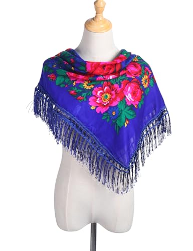 MJ SERECA Acrylic Bandana Printed Hair Scarf Square Ukrainian Head Scarf Floral Babushka Neck Scarf for Women 30"/42"/60" - color: Navy With Tassel