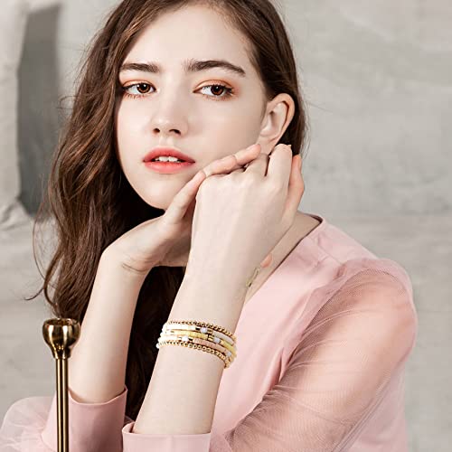 GOOJIDS Surfer Heishi Clay Bead Bracelets for Women Bohemian Stackable Gold Plated Beaded Stretch Bracelets Elastic Layering Friendship Bracelets Set Boho Jewelry - color: B-Beige Surfer Color & Gold Bead