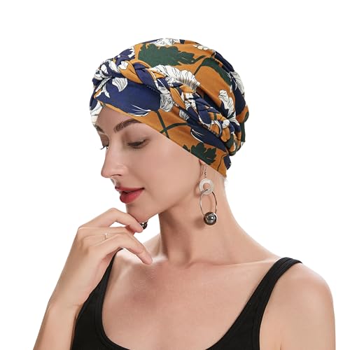 ZLYC Chemo Headwear for Women Pre Tied Turban Headwear Lightweight Beanie Hat - color: Flowers Yellow